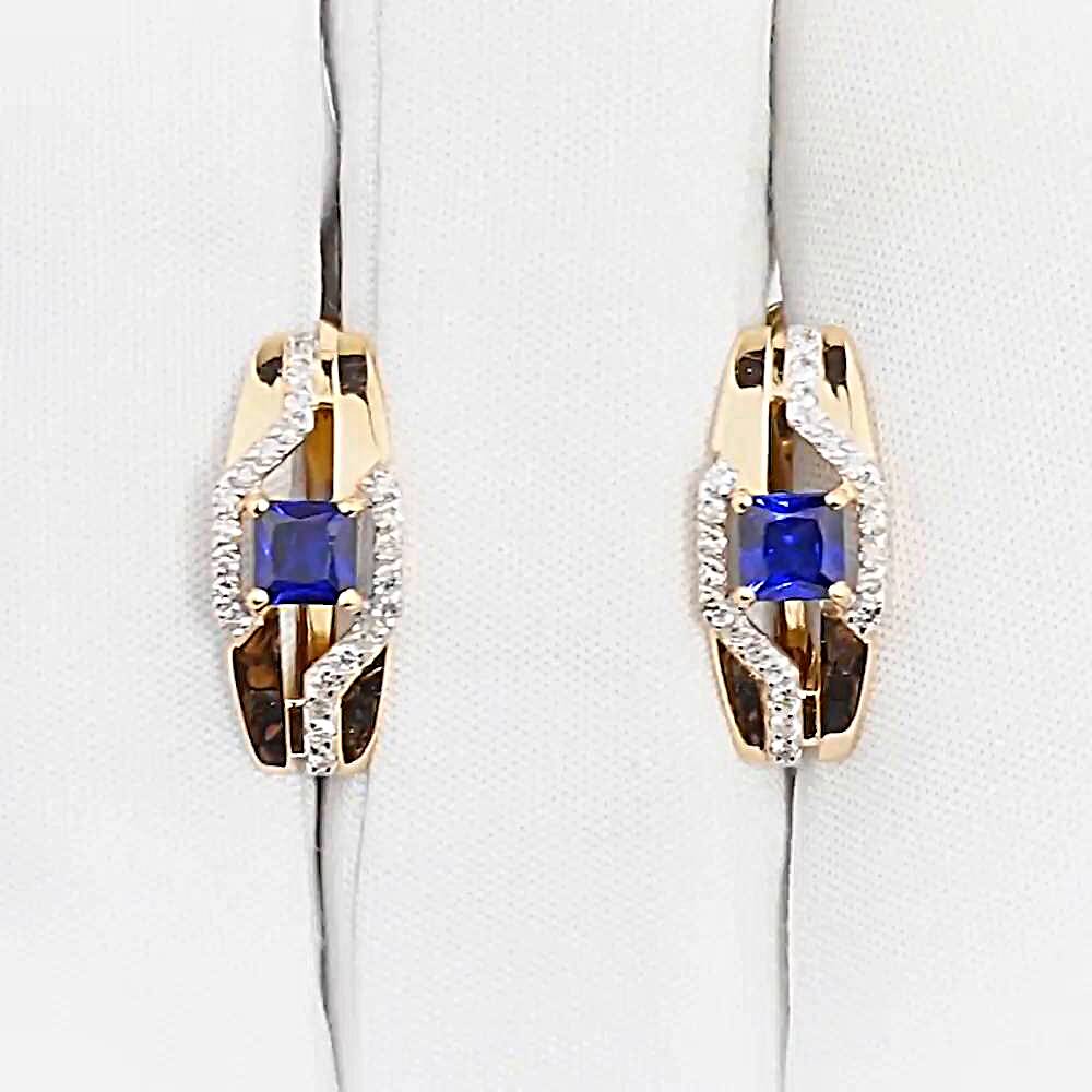 Серьги с сапфиром синтетическим и бриллиантами из красного золота 585 пробы