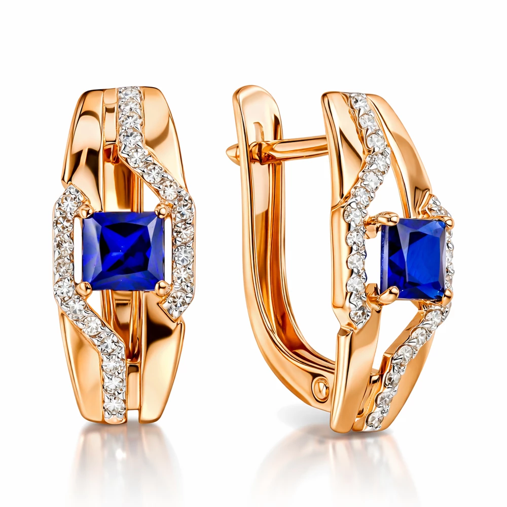 Серьги с сапфиром синтетическим и бриллиантами из красного золота 585 пробы