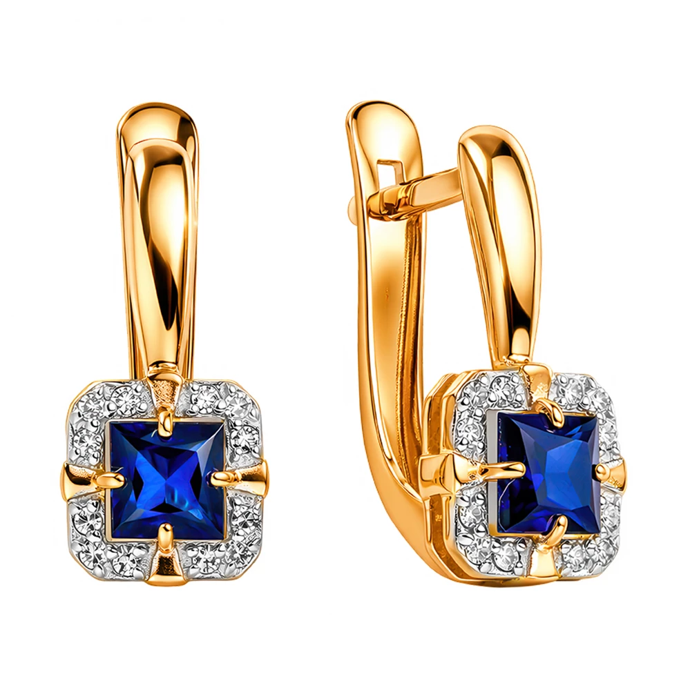 Серьги с сапфиром синтетическим и бриллиантами из красного золота 585 пробы