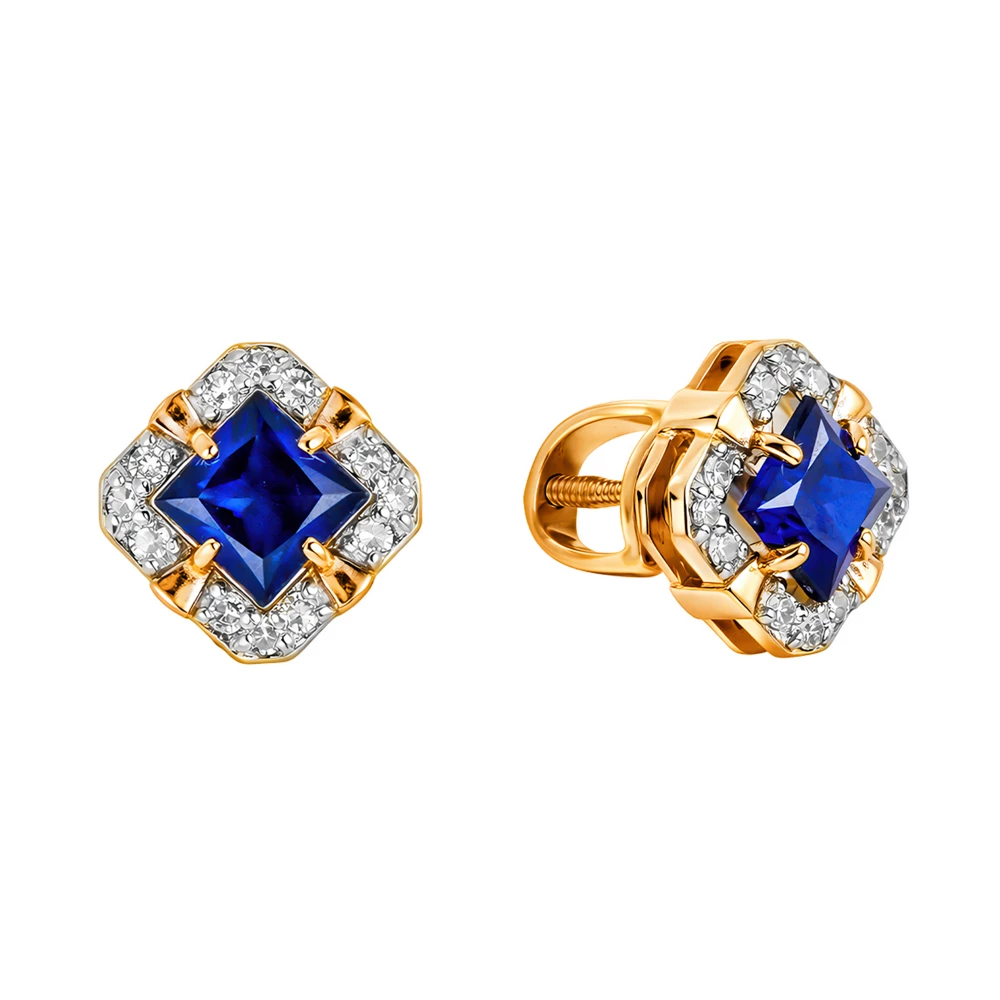 Серьги с сапфиром синтетическим и бриллиантами из красного золота 585 пробы