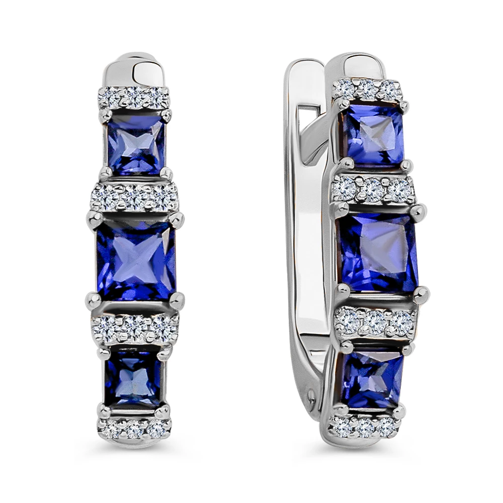 Серьги с сапфиром синтетическим и бриллиантами из белого золота 585 пробы