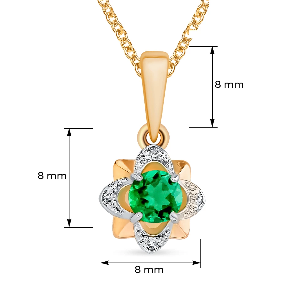 Подвес с гидротермальным изумрудом и бриллиантами из красного золота 585 пробы