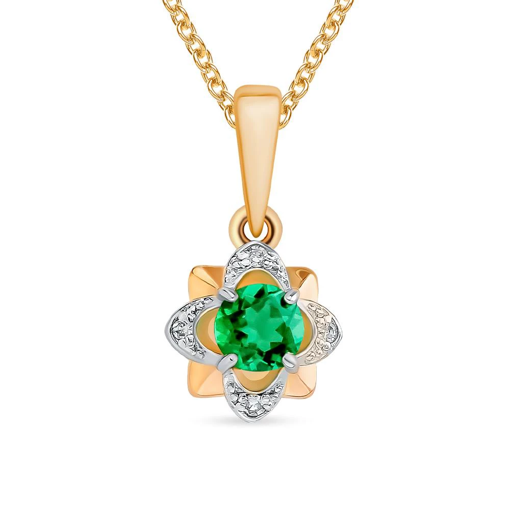 Подвес с гидротермальным изумрудом и бриллиантами из красного золота 585 пробы