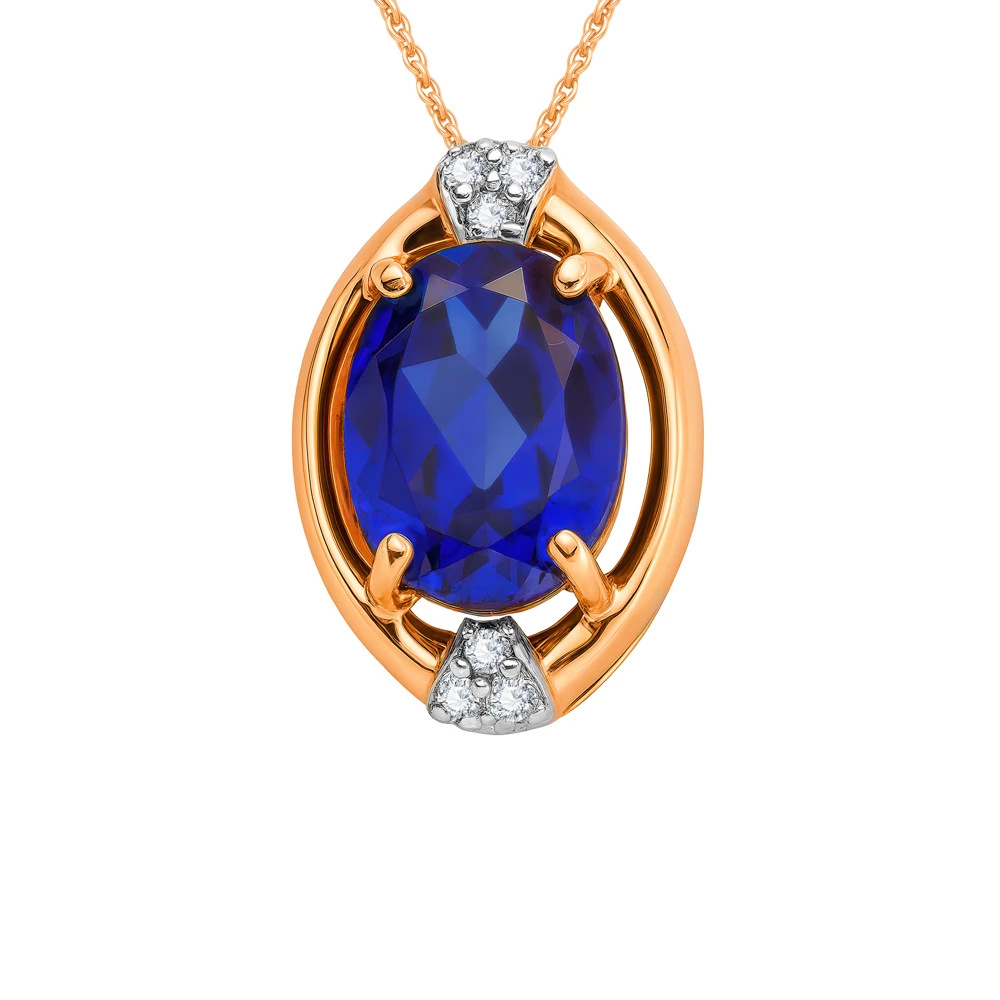 Подвес с сапфиром синтетическим и бриллиантами из красного золота 585 пробы