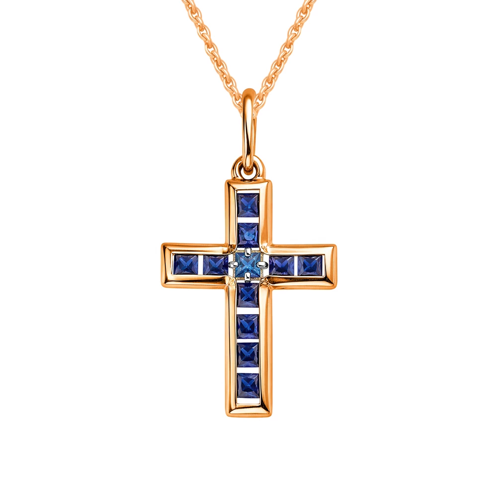 Крестик с сапфирами синтетическими из красного золота 375 пробы