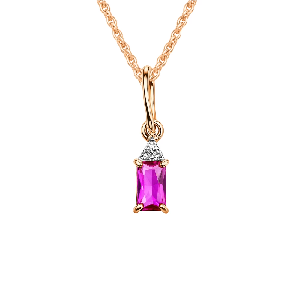 Подвес с рубином синтетическим и бриллиантами из красного золота 585 пробы