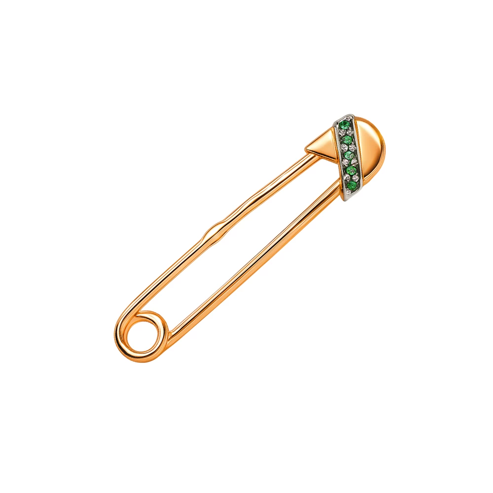 Булавка с гидротермальными изумрудами из красного золота 585 пробы