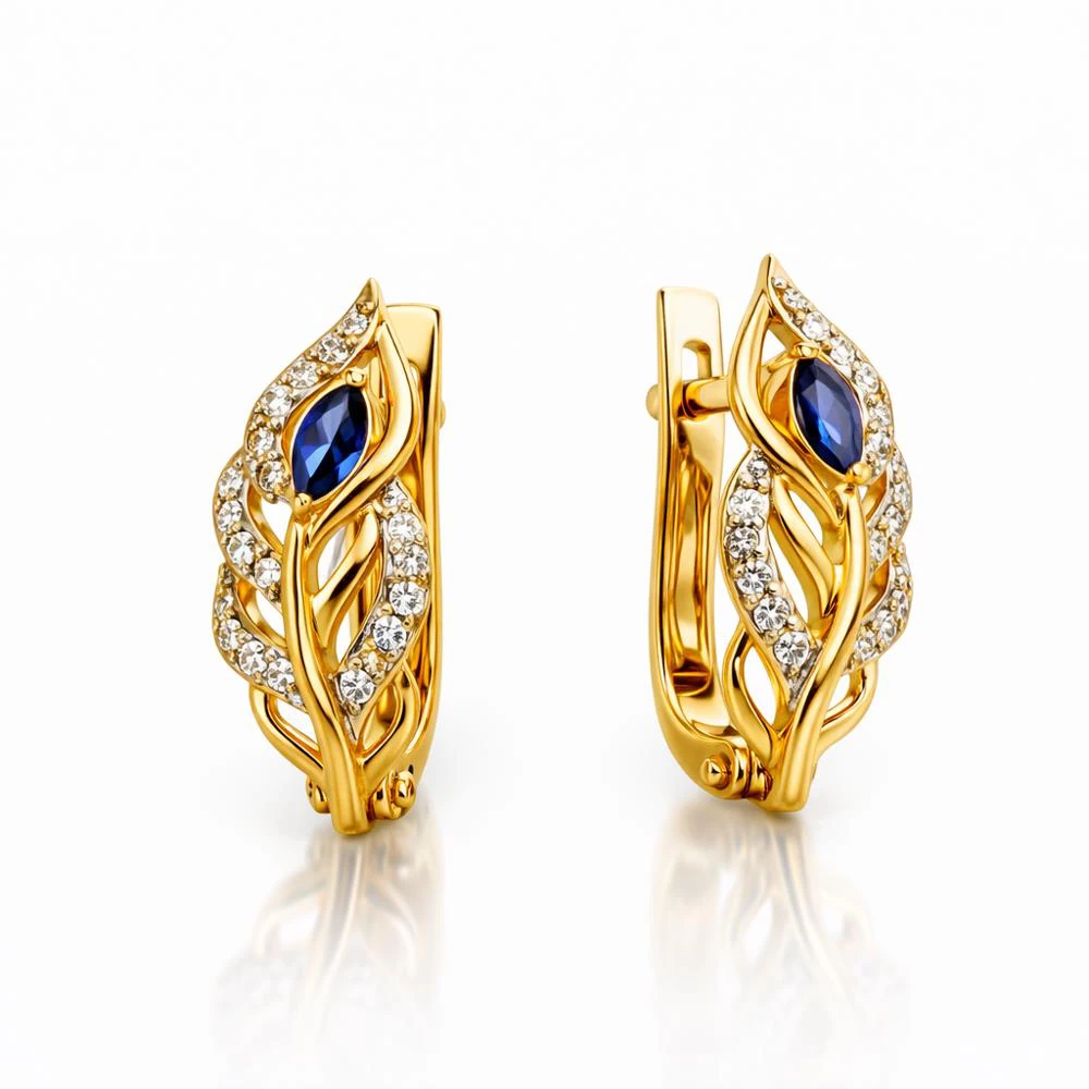 Серьги с сапфиром синтетическим и бриллиантами из красного золота 585 пробы