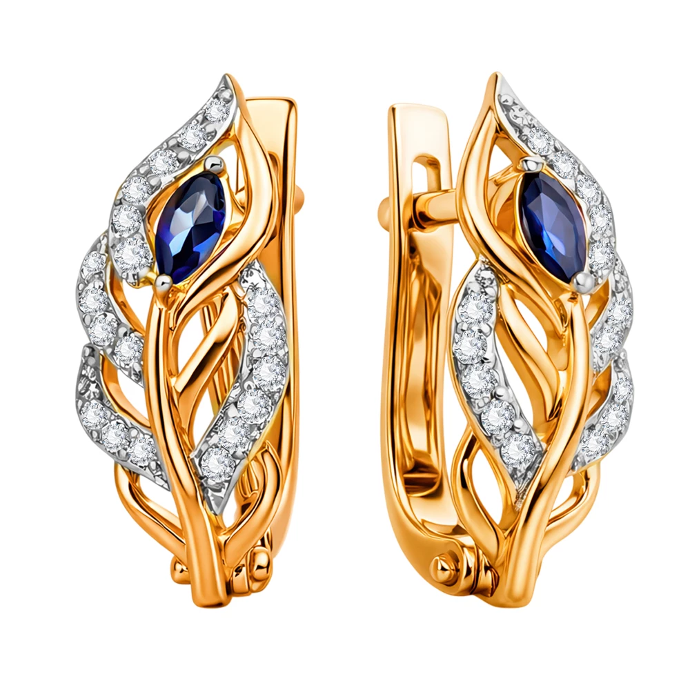 Серьги с сапфиром синтетическим и бриллиантами из красного золота 585 пробы