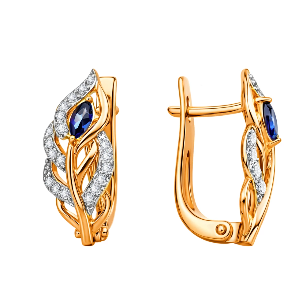 Серьги с сапфиром синтетическим и бриллиантами из красного золота 585 пробы