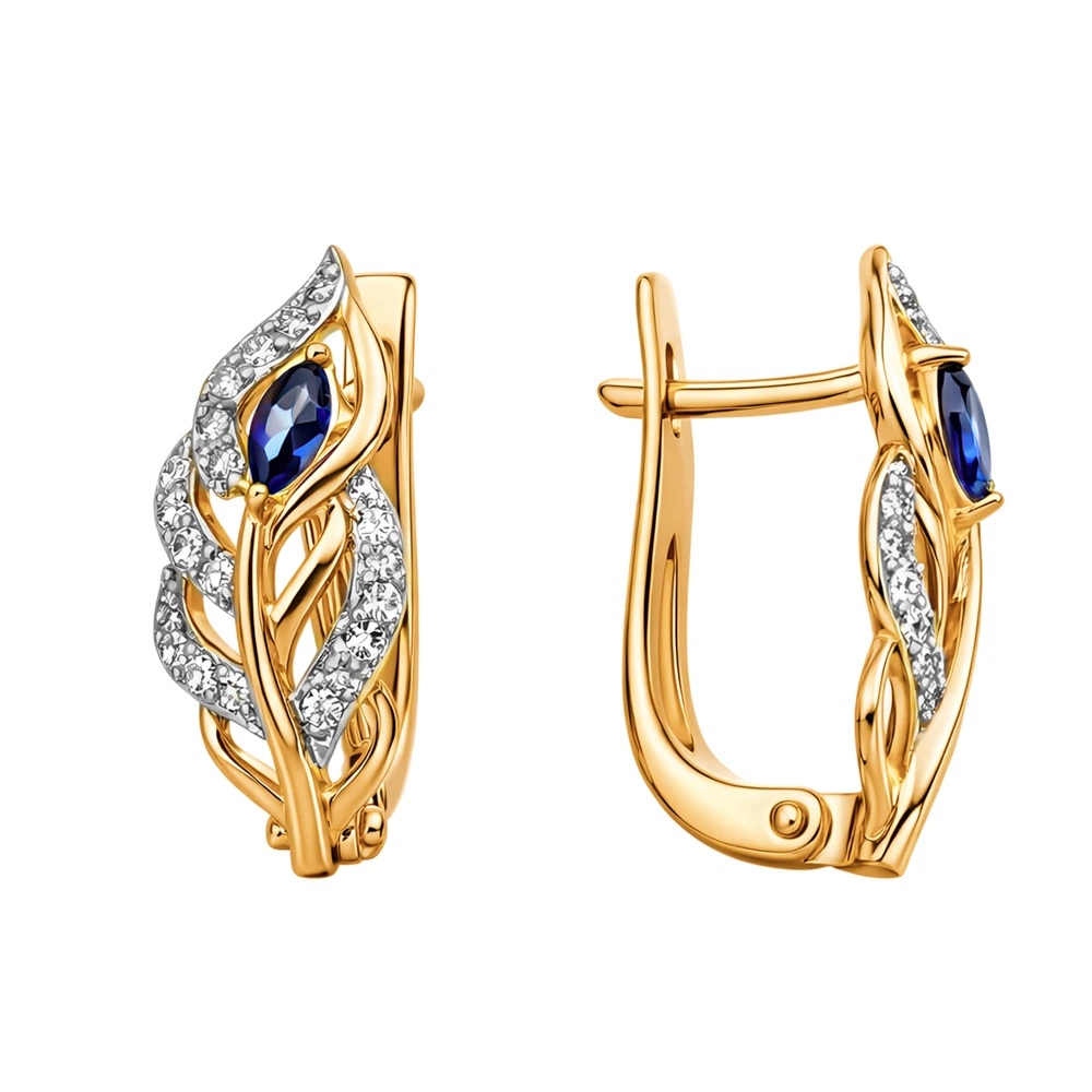 Серьги с сапфиром синтетическим и бриллиантами из красного золота 585 пробы