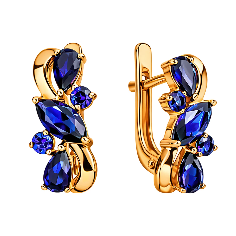 Серьги с сапфирами синтетическими из красного золота 585 пробы