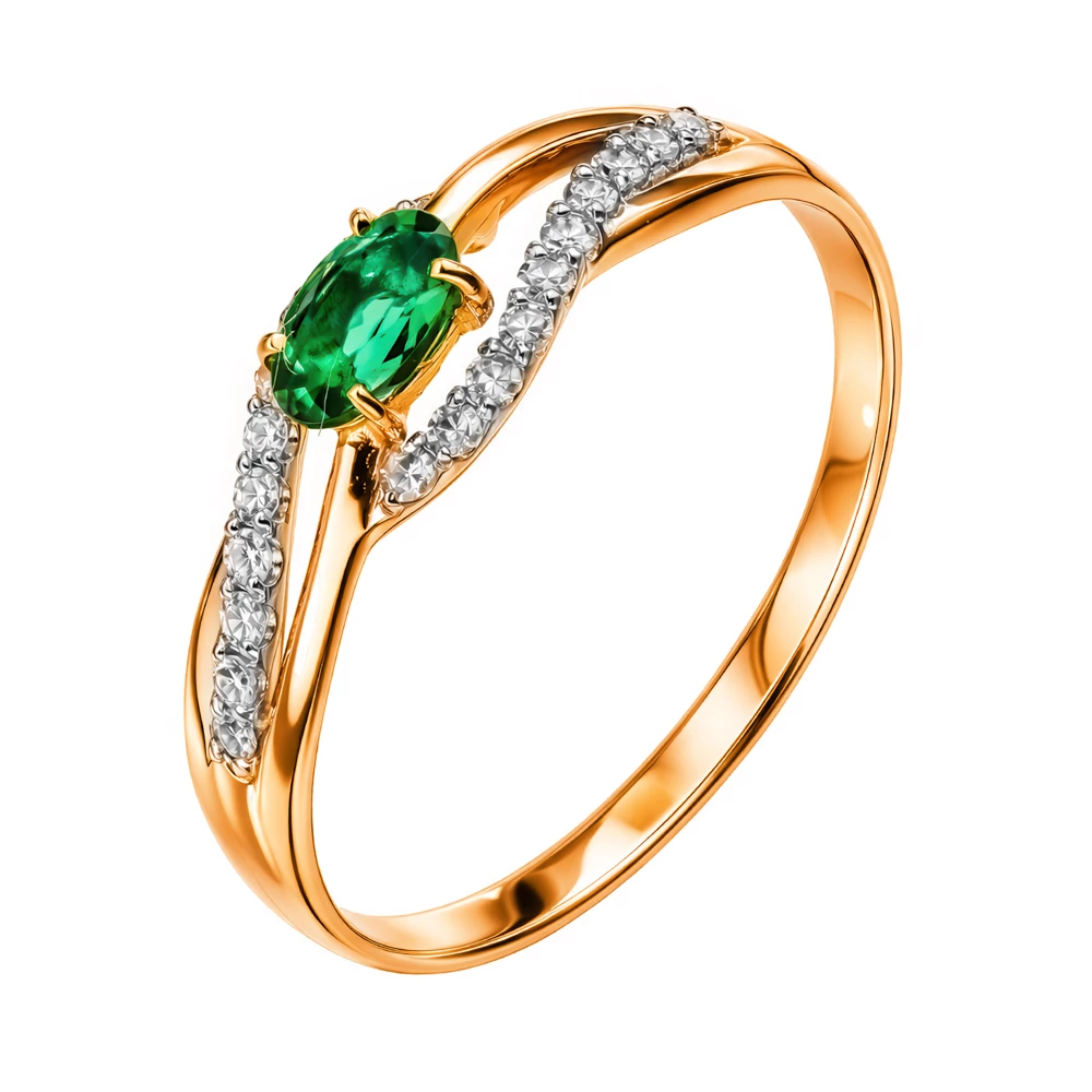 Кольцо с изумрудом синтетическим и бриллиантами из красного золота 585 пробы