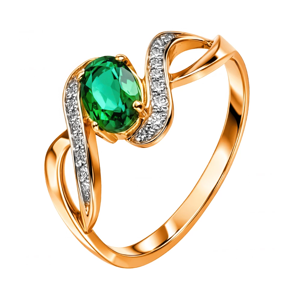 Кольцо с изумрудом синтетическим и бриллиантами из красного золота 585 пробы