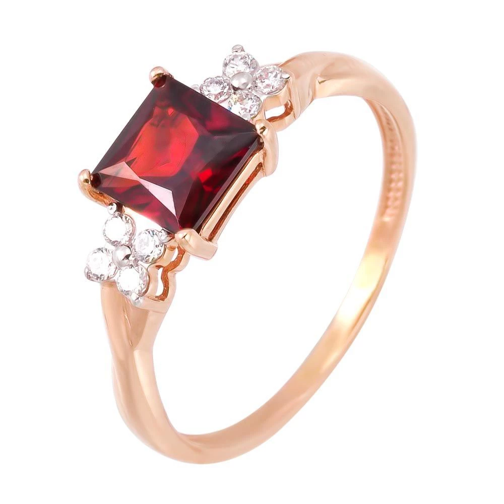 Кольцо с гранатом и фианитами из красного золота 585 пробы 1