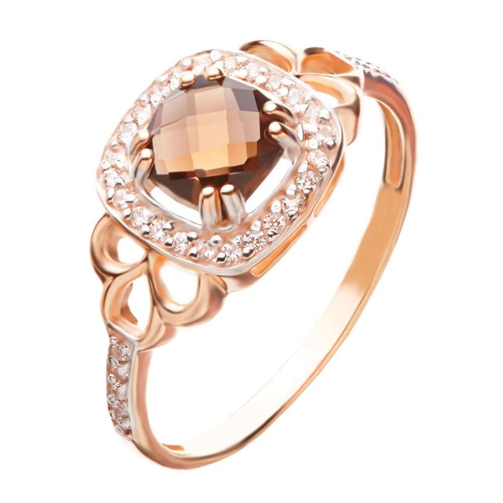 Кольцо с раух-топазом и фианитами из красного золота 585 пробы 1