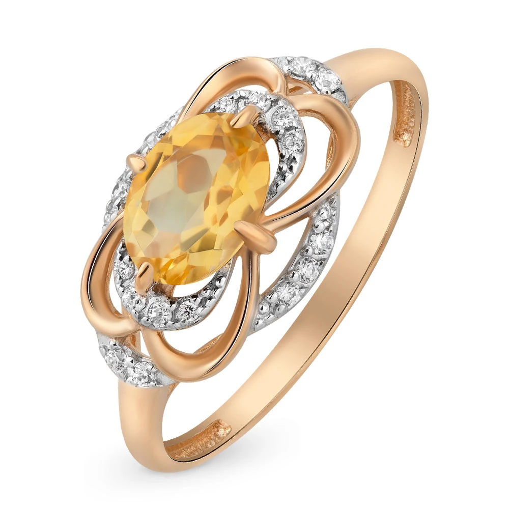 Кольцо с цитринами и фианитами из красного золота 585 пробы Кольцо с цитринами и фианитами из красного золота 585 пробы