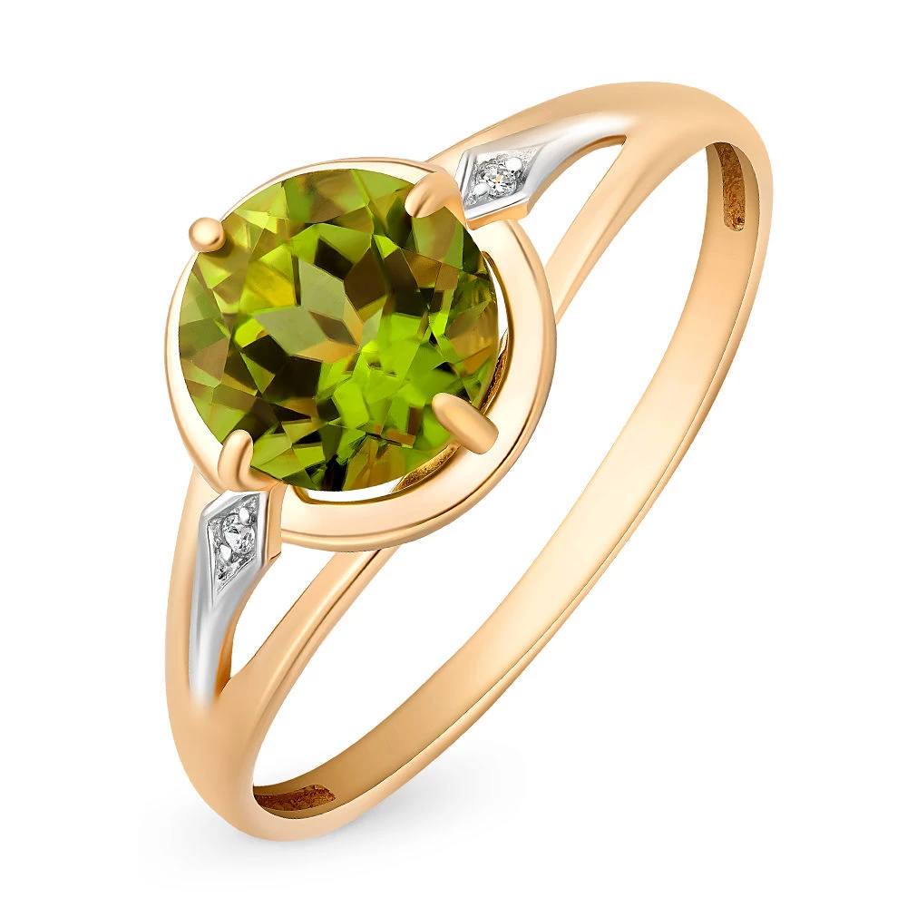 Кольцо с хризолитами и фианитами из красного золота 585 пробы Кольцо с хризолитами и фианитами из красного золота 585 пробы