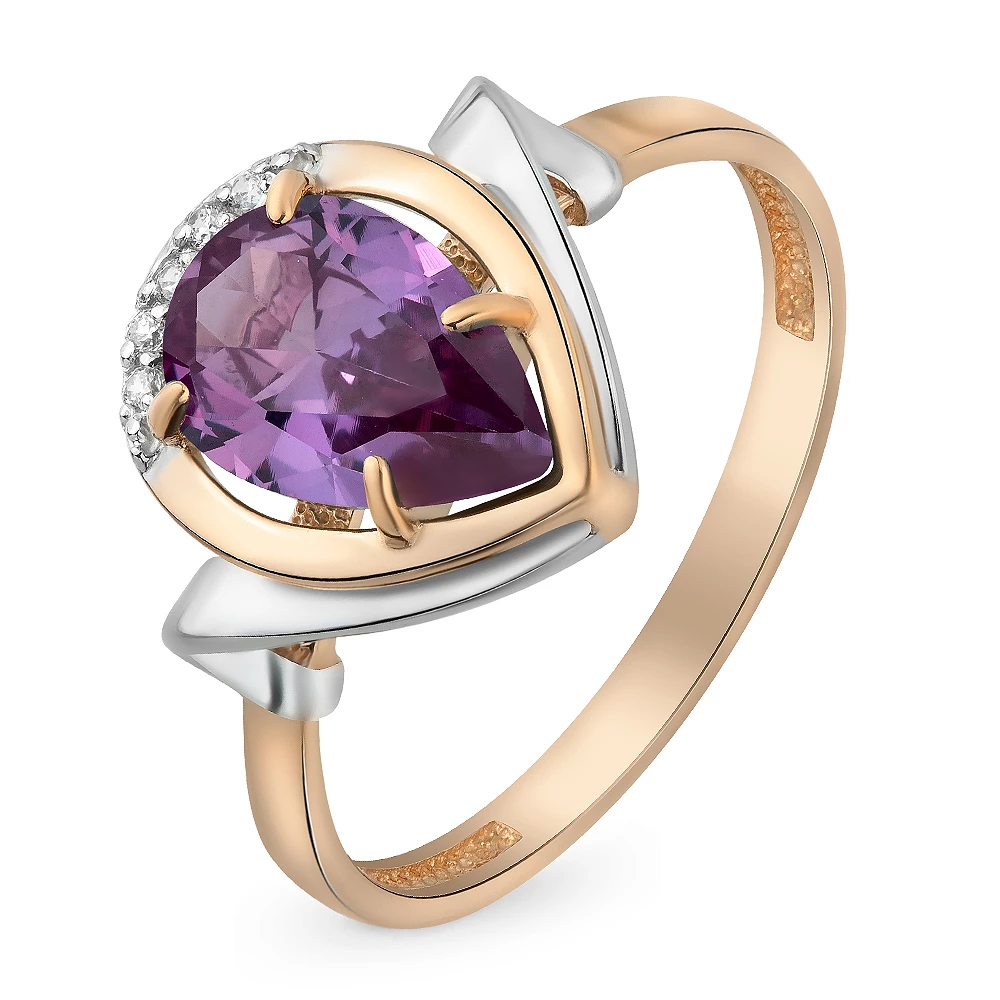 Кольцо с александритом синтетическим и фианитами из красного золота 585 пробы Кольцо с александритом синтетическим и фианитами из красного золота 585 пробы