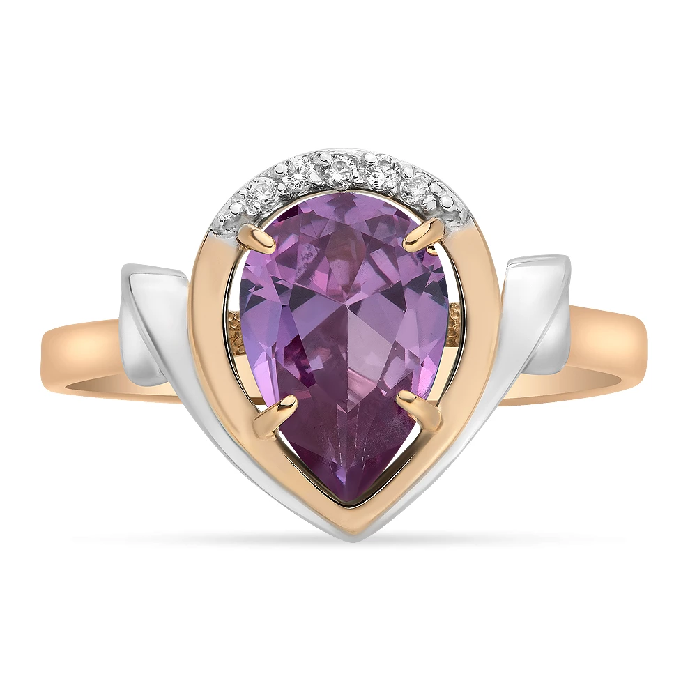 Кольцо с александритом синтетическим и фианитами из красного золота 585 пробы Кольцо с александритом синтетическим и фианитами из красного золота 585 пробы