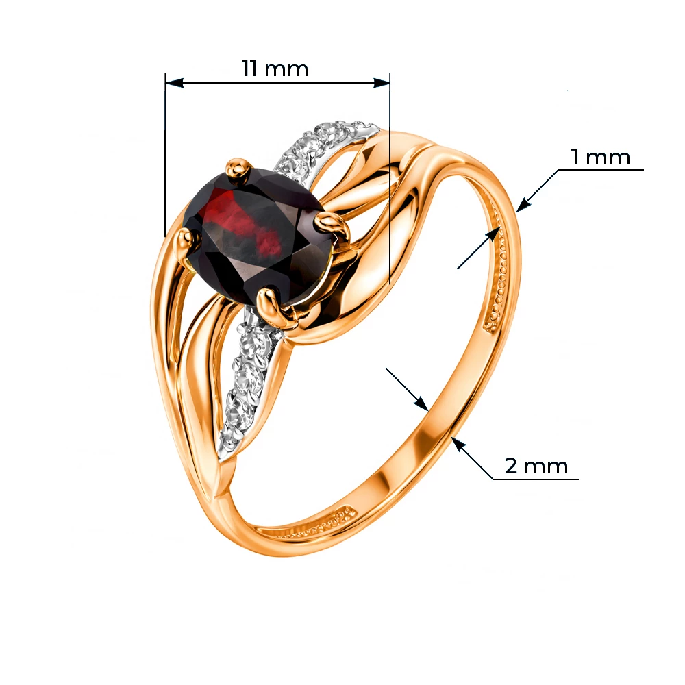 Кольцо с гранатами и фианитами из красного золота 585 пробы