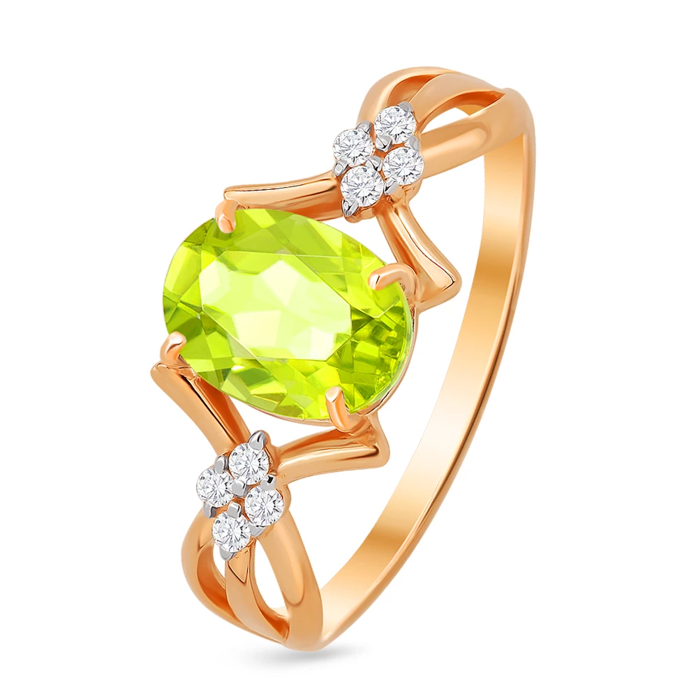 Кольцо с хризолитами и фианитами из красного золота 585 пробы Кольцо с хризолитами и фианитами из красного золота 585 пробы