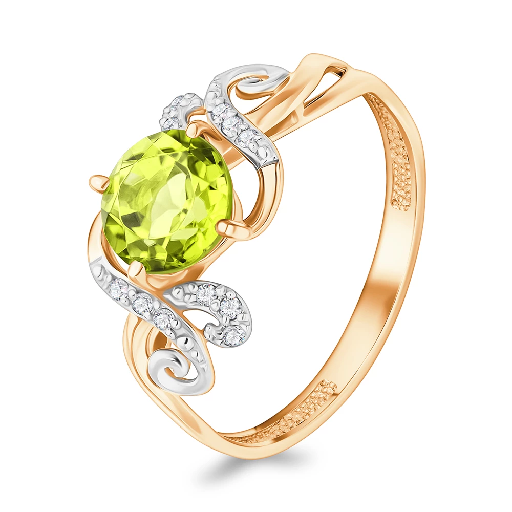 Кольцо с хризолитами и фианитами из красного золота 585 пробы