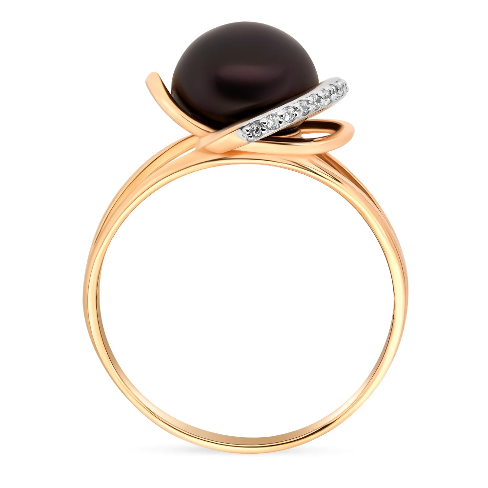 Кольцо с культивированным жемчугом и фианитами из красного золота 585 пробы