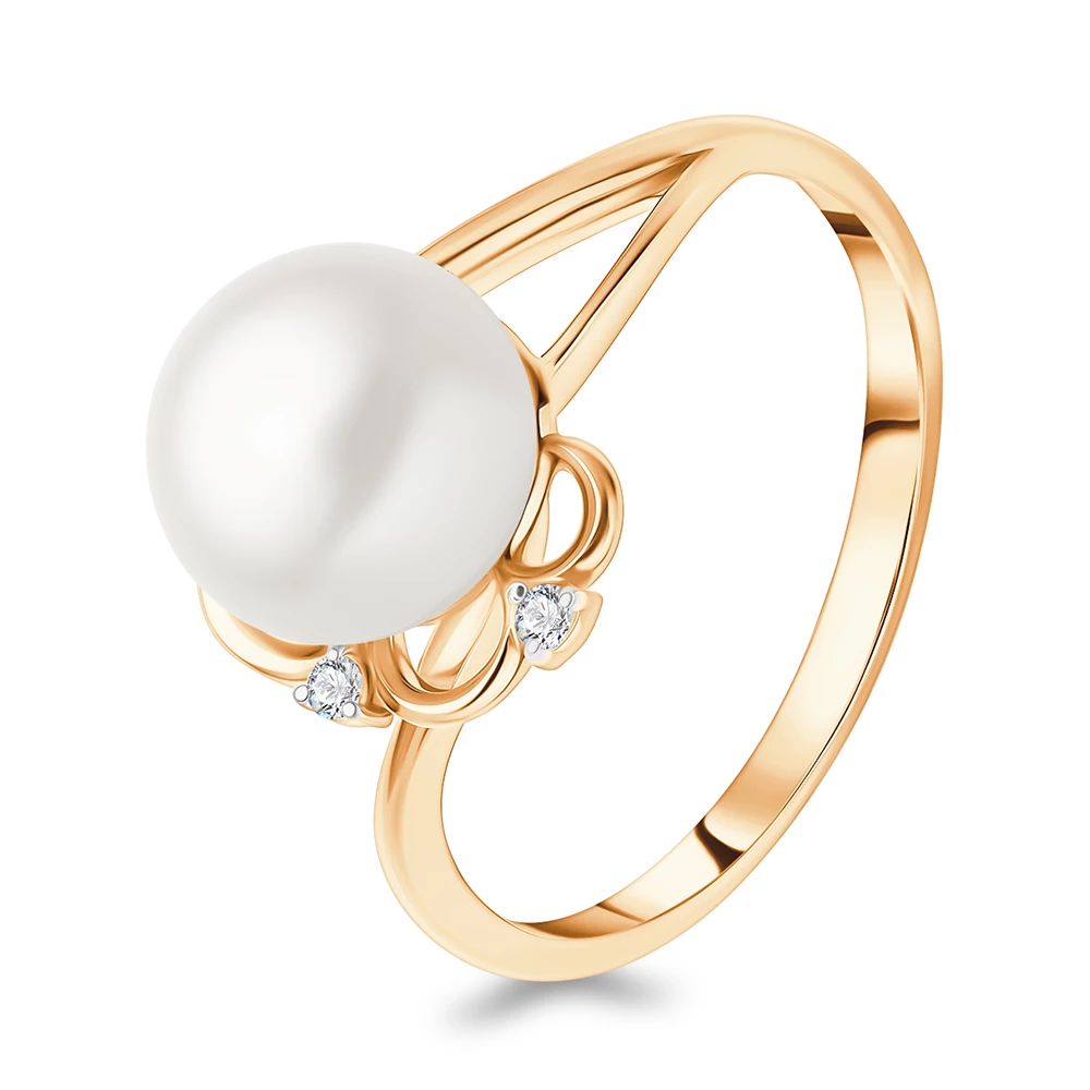 Кольцо с культивированным жемчугом и фианитами из красного золота 585 пробы 1
