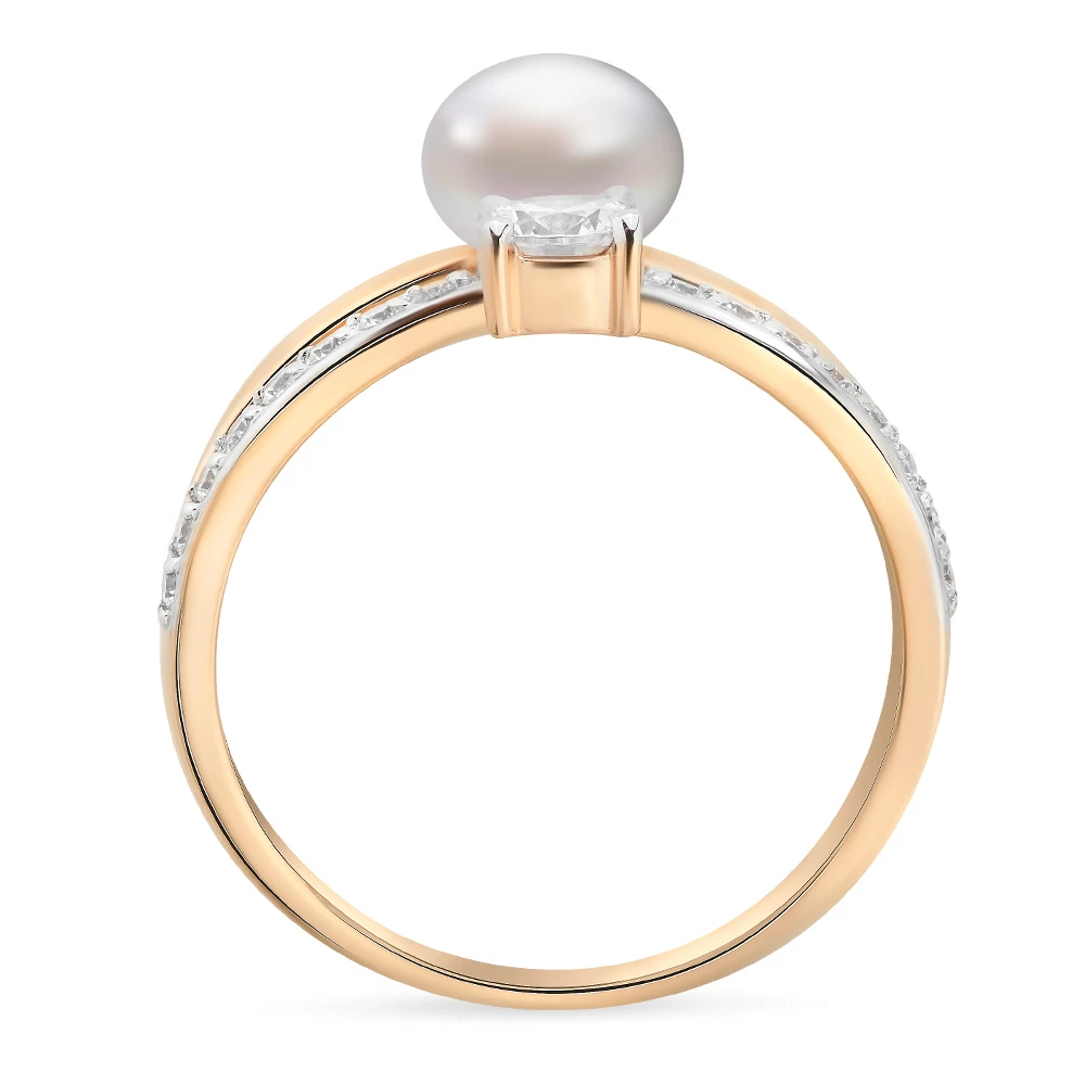 Кольцо с культивированным жемчугом и фианитами из красного золота 585 пробы