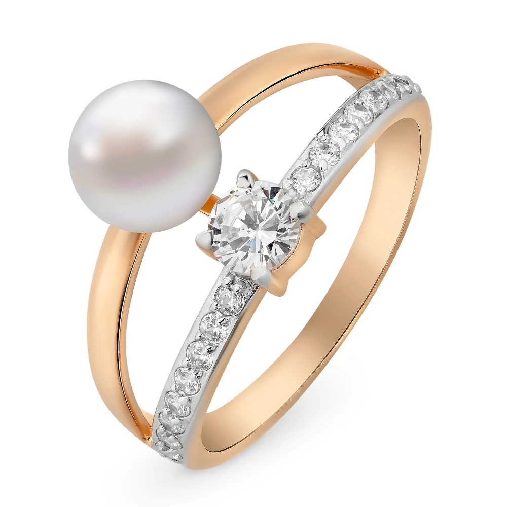 Кольцо с культивированным жемчугом и фианитами из красного золота 585 пробы