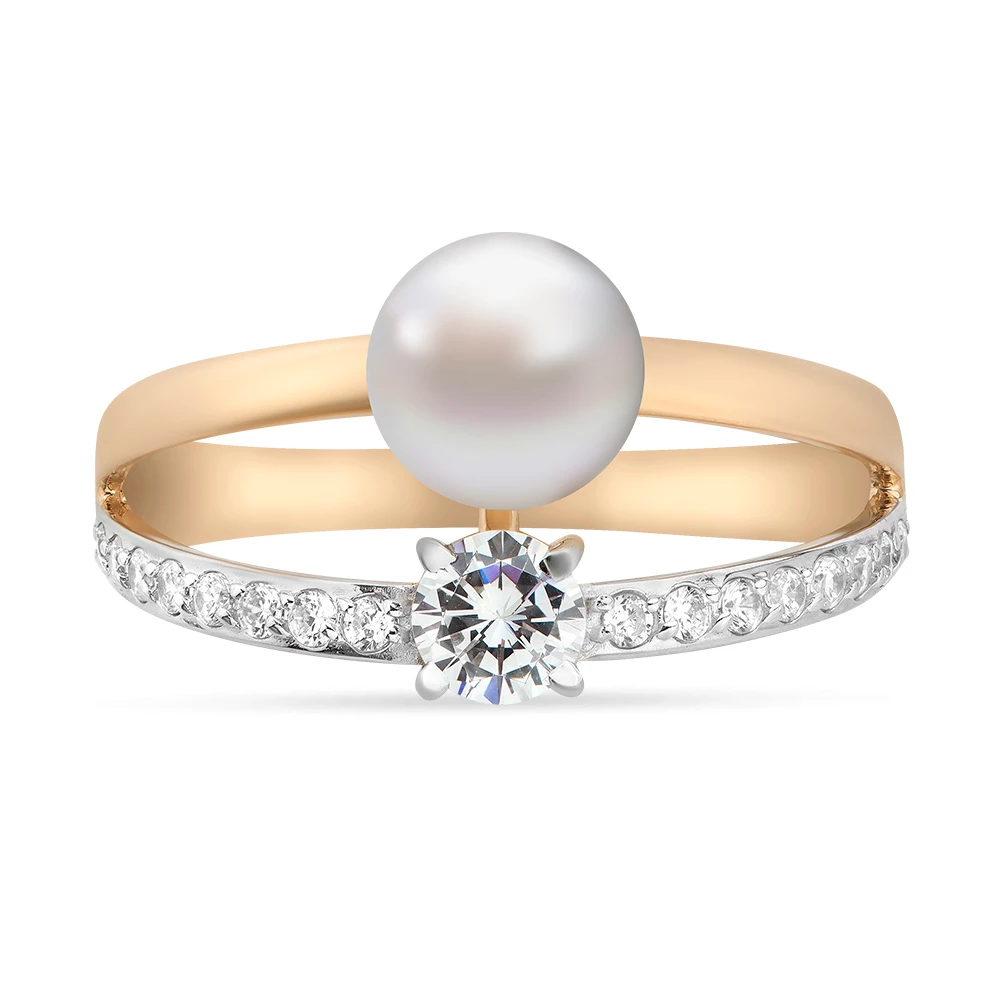 Кольцо с культивированным жемчугом и фианитами из красного золота 585 пробы