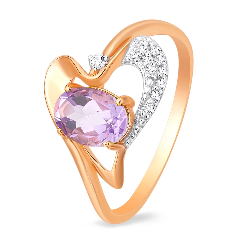 Кольцо с аметистами и фианитами из красного золота 585 пробы