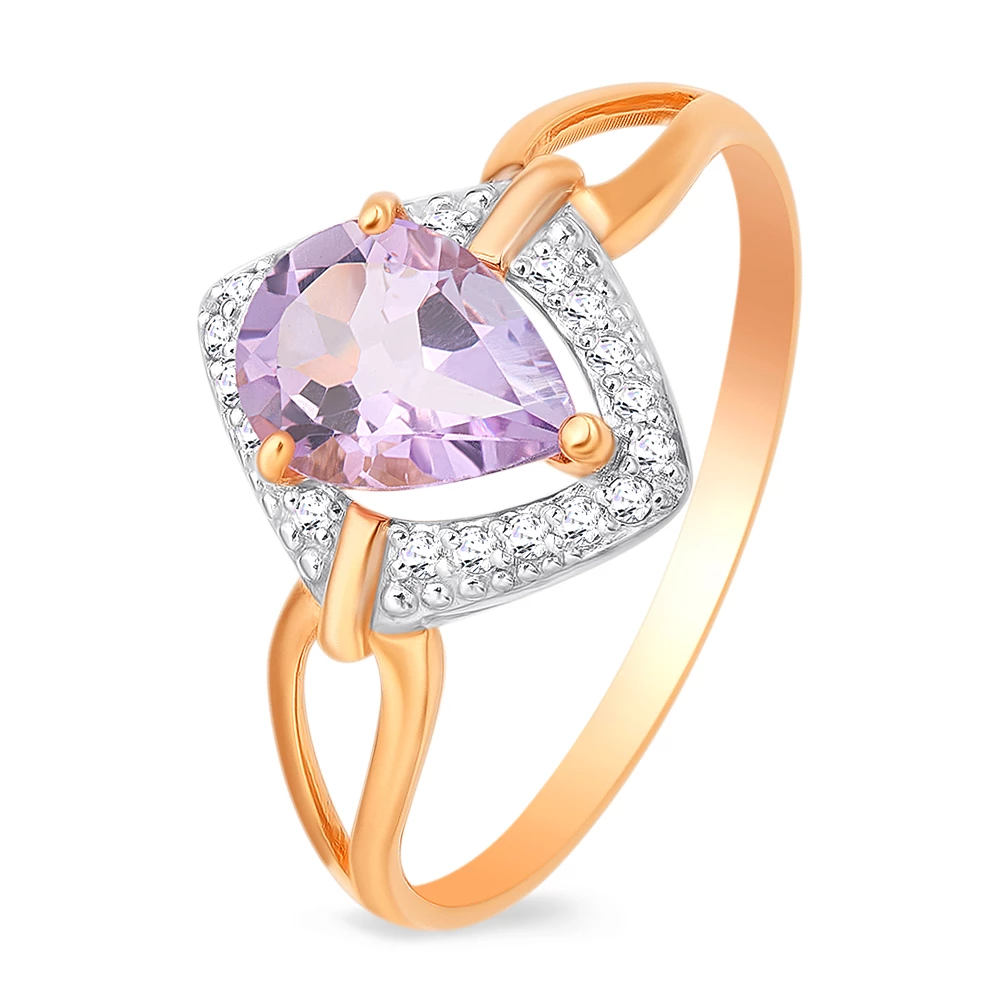 Кольцо с аметистами и фианитами из красного золота 585 пробы 1