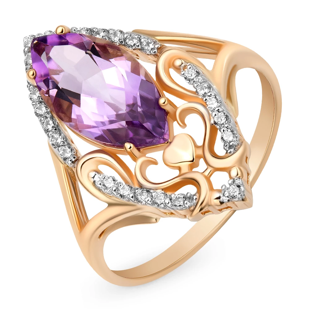 Кольцо с аметистами и фианитами из красного золота 585 пробы
