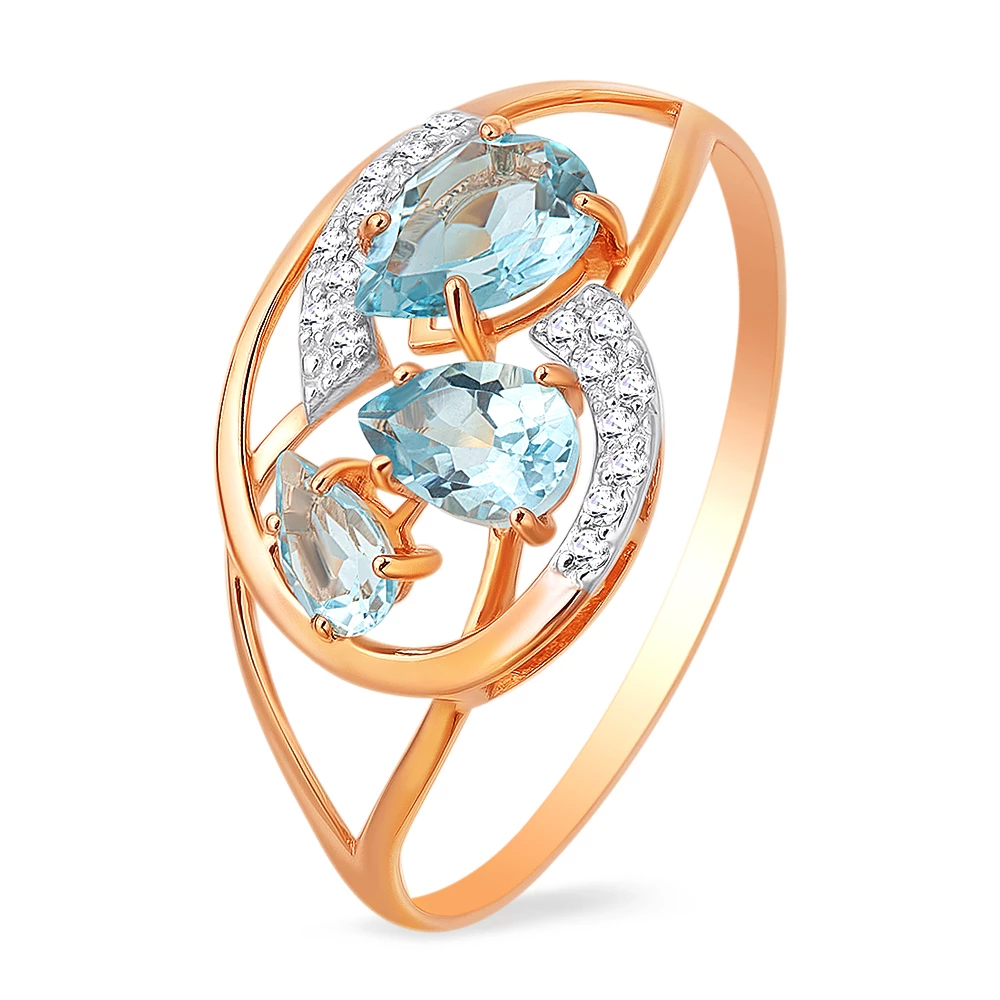 Кольцо с топазами и фианитами из красного золота 585 пробы