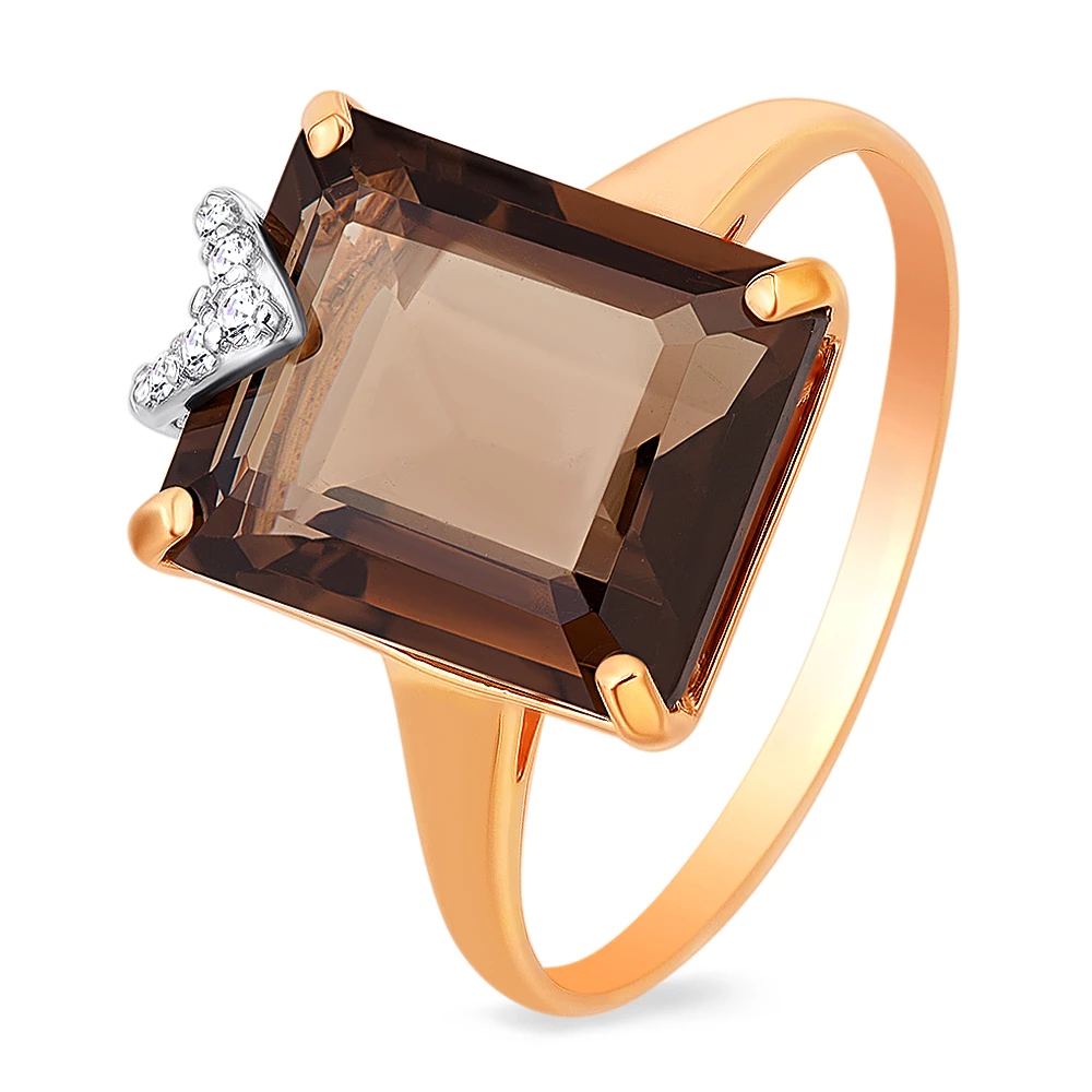 Кольцо с раух-топазами и фианитами из красного золота 585 пробы