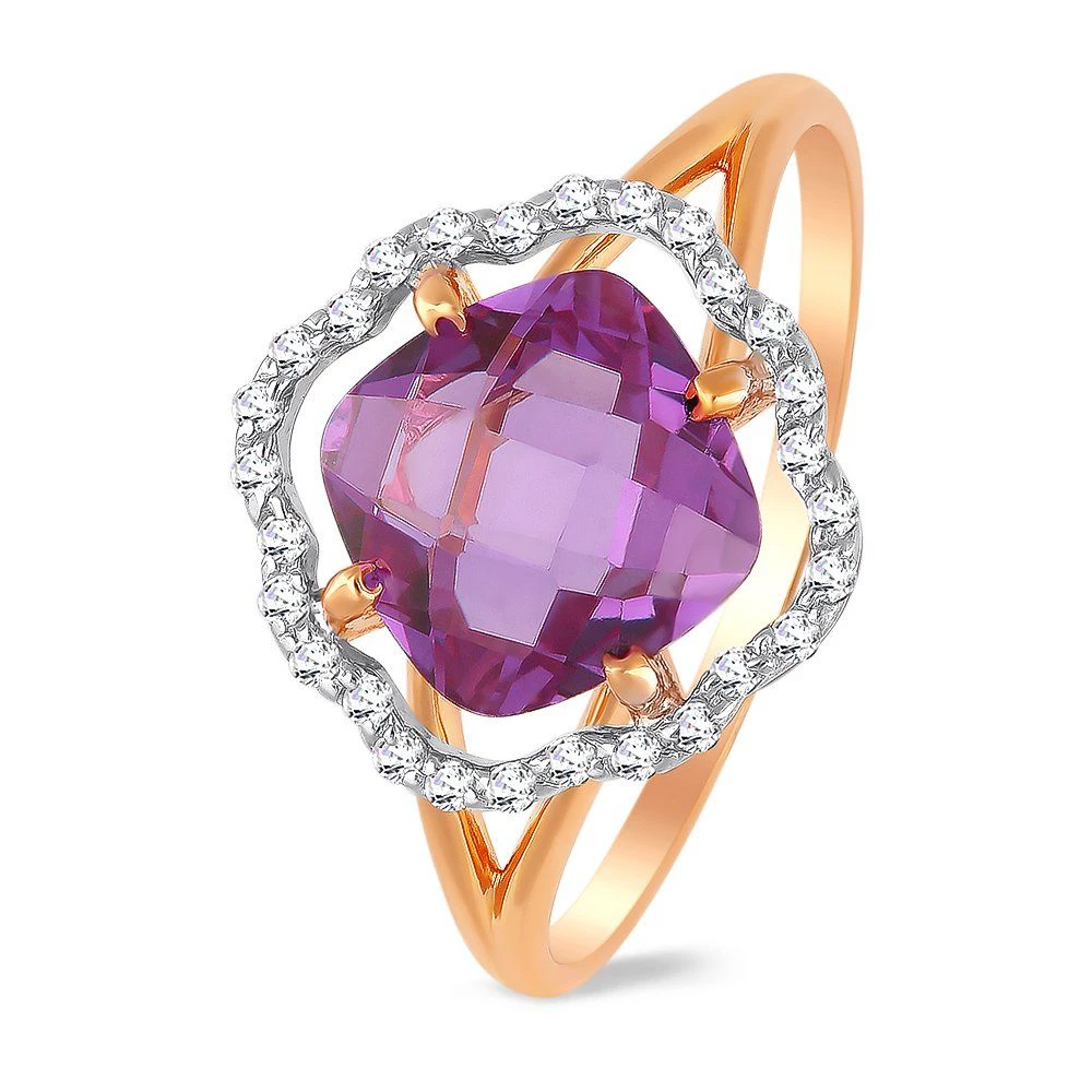 Кольцо с александритом синтетическим и фианитами из красного золота 585 пробы Кольцо с александритом синтетическим и фианитами из красного золота 585 пробы