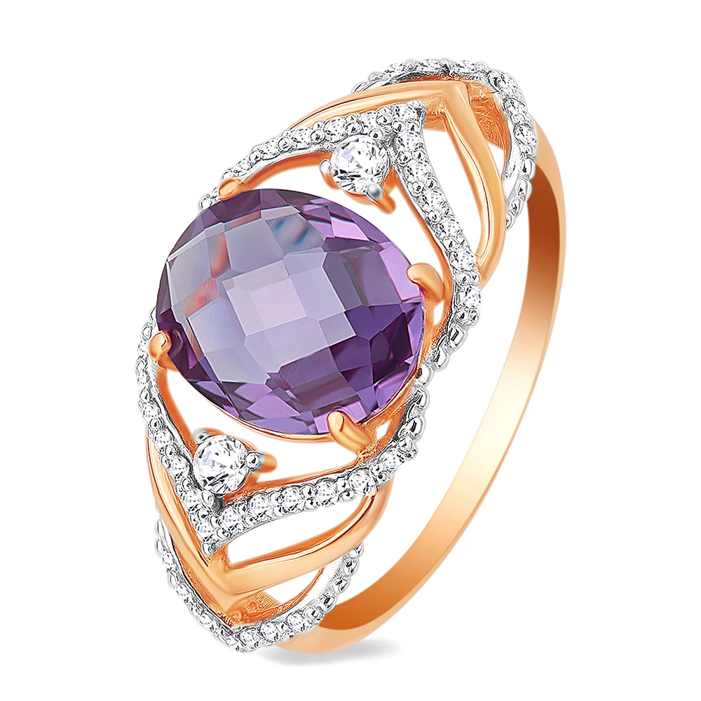 Кольцо с александритом синтетическим и фианитами из красного золота 585 пробы Кольцо с александритом синтетическим и фианитами из красного золота 585 пробы