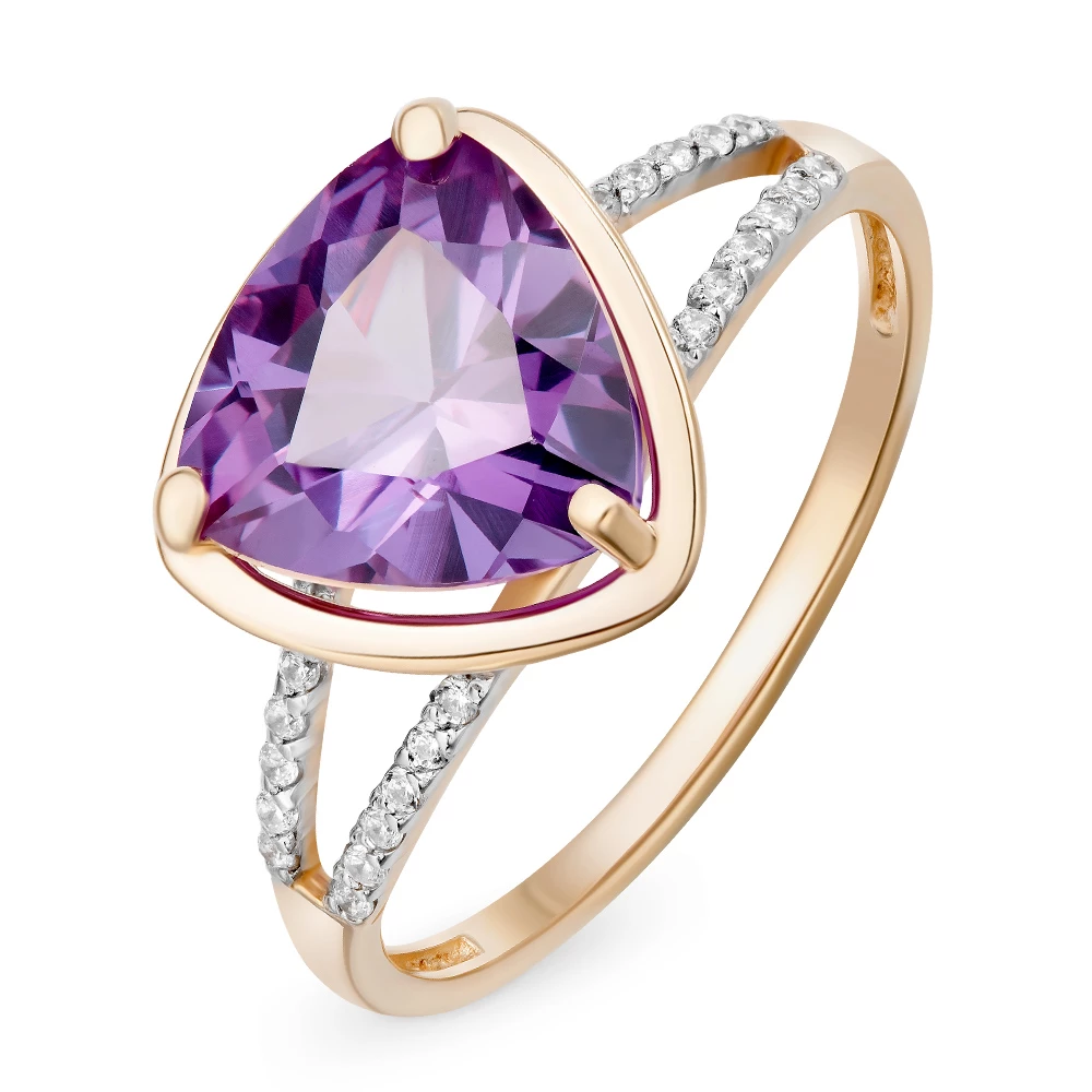 Кольцо с александритом синтетическим и фианитами из красного золота 585 пробы Кольцо с александритом синтетическим и фианитами из красного золота 585 пробы