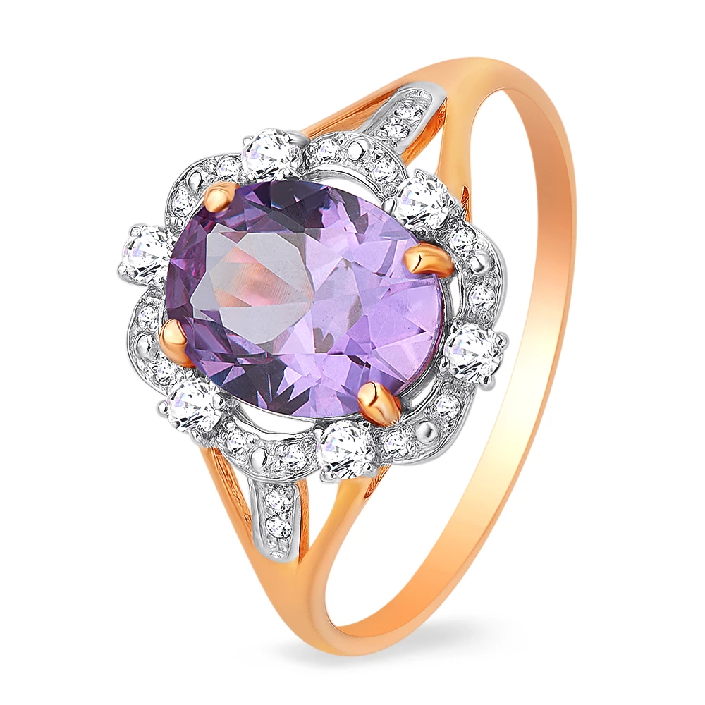 Кольцо с александритом синтетическим и фианитами из красного золота 585 пробы Кольцо с александритом синтетическим и фианитами из красного золота 585 пробы