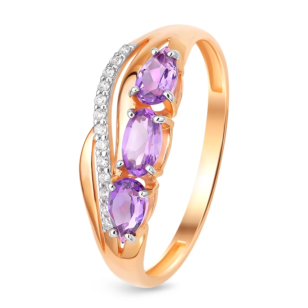 Кольцо с аметистами и фианитами из красного золота 585 пробы 1