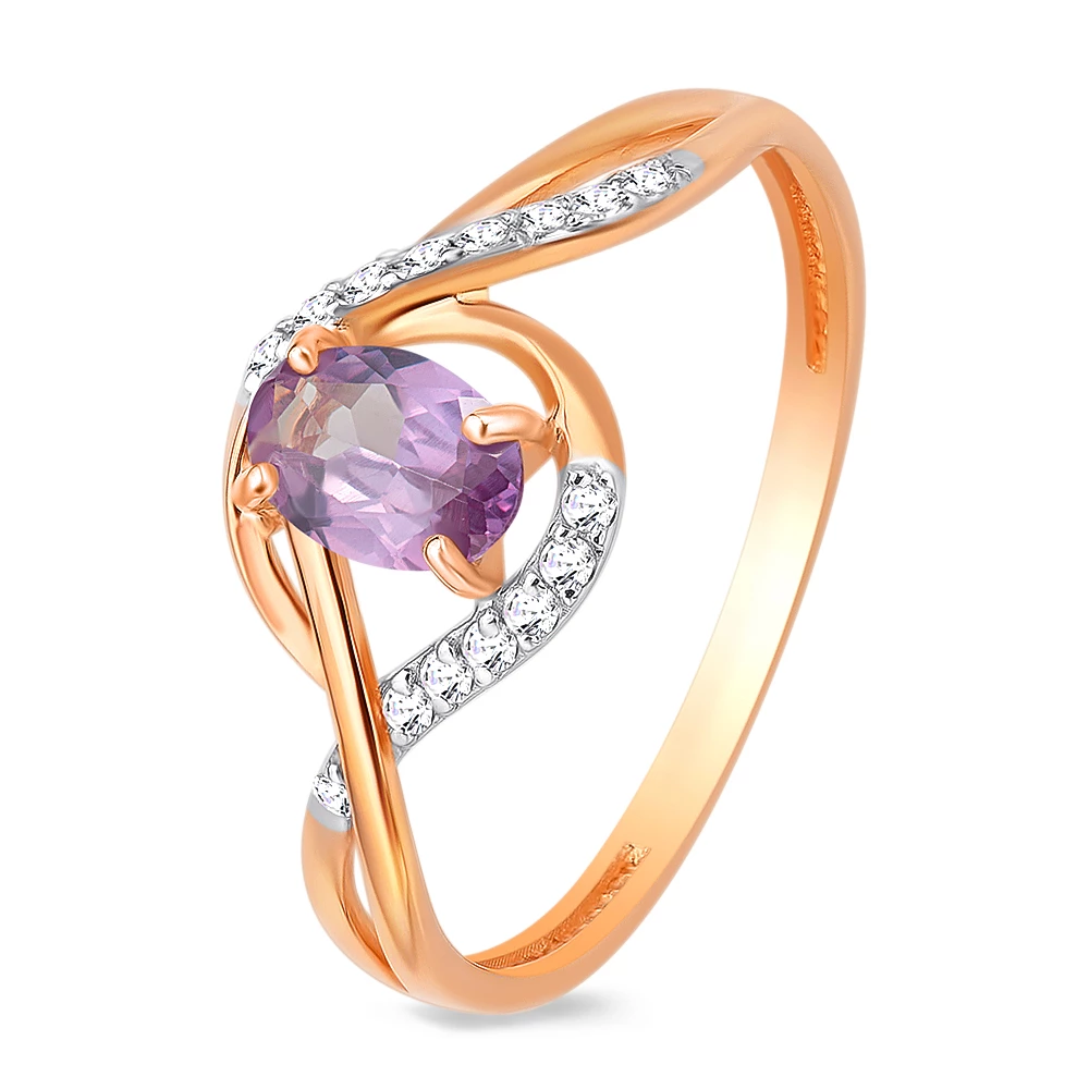 Кольцо с александритом синтетическим и фианитами из красного золота 585 пробы Кольцо с александритом синтетическим и фианитами из красного золота 585 пробы