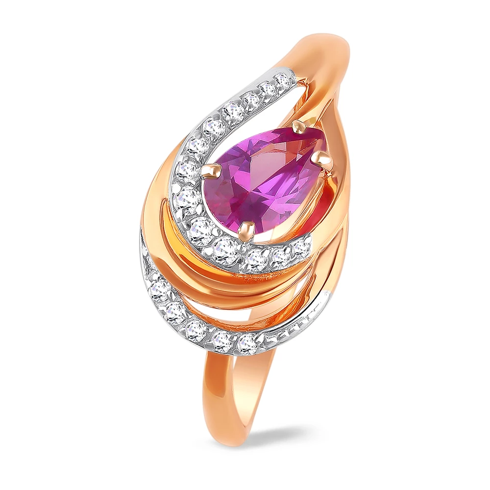 Кольцо с александритом синтетическим и фианитами из красного золота 585 пробы 2