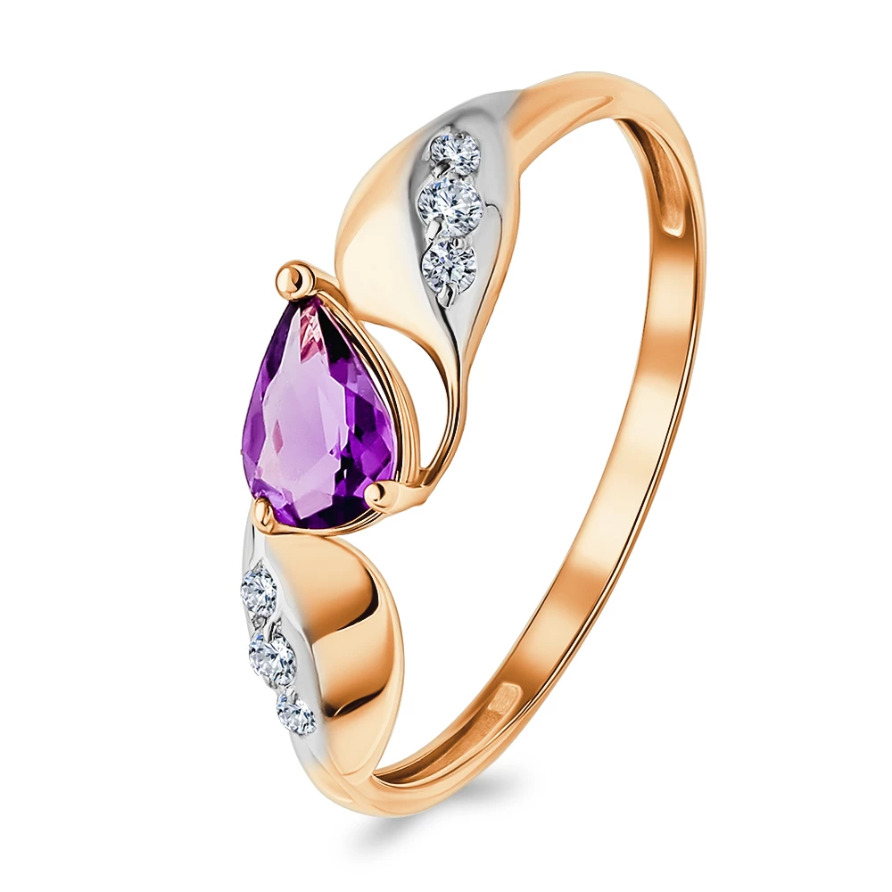 Кольцо с аметистами и фианитами из красного золота 585 пробы 1