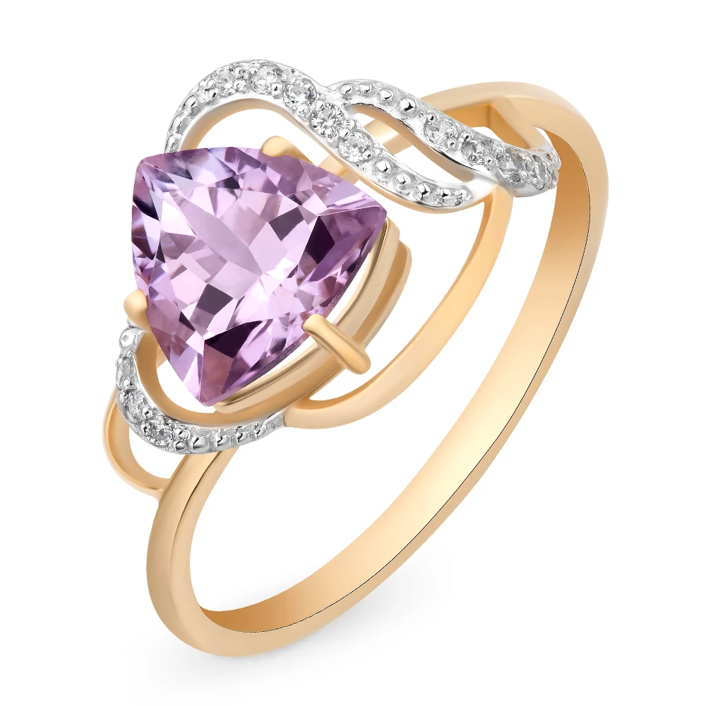 Кольцо с аметистом и фианитами из красного золота 585 пробы 1