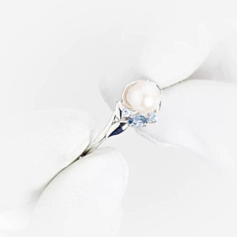Кольцо с культивированным жемчугом и топазами из белого золота 585 пробы 1