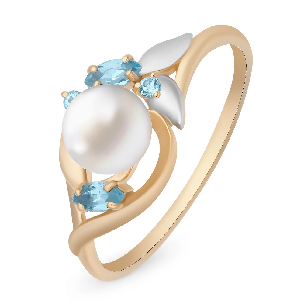 Кольцо с культивированным жемчугом и топазами из красного золота 585 пробы
