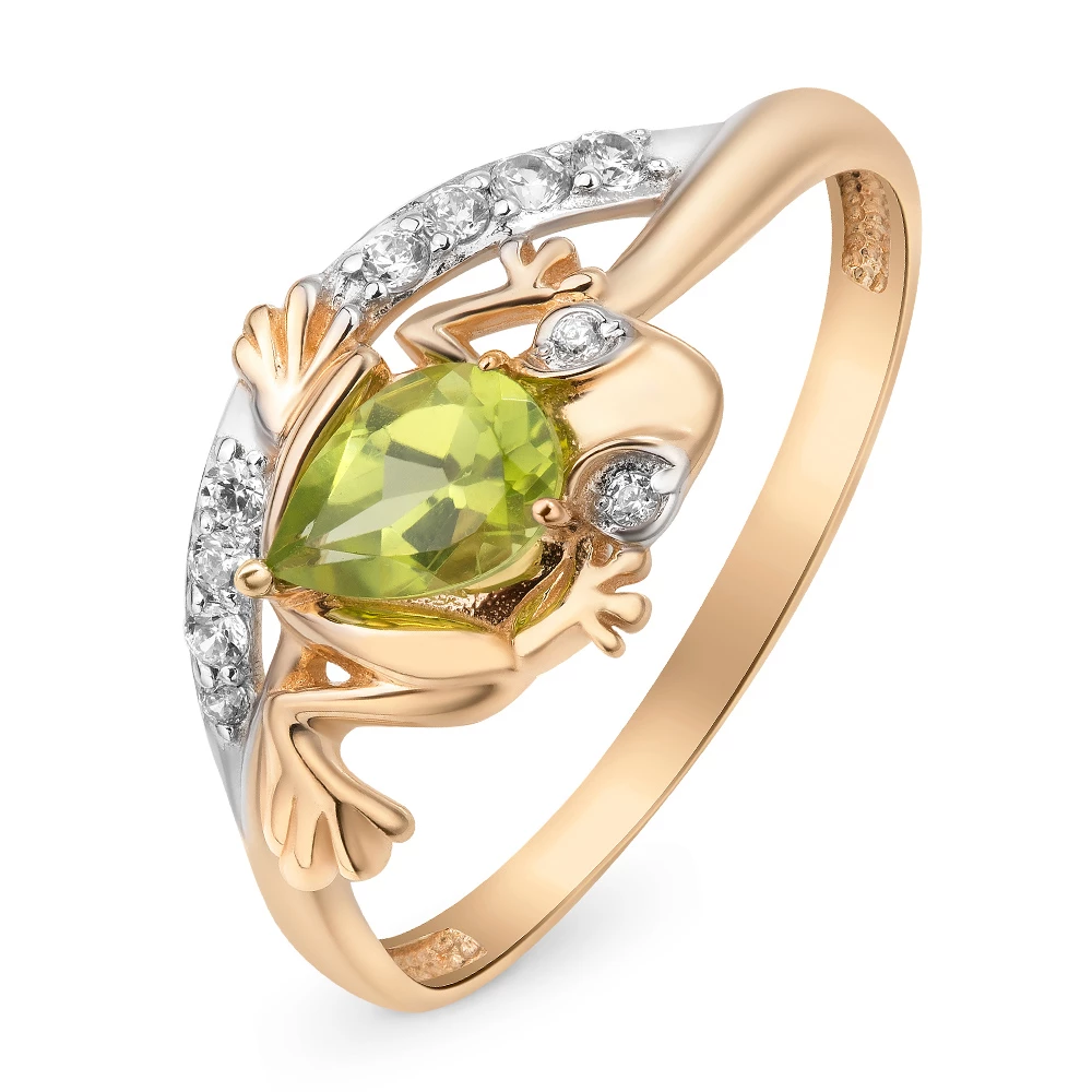 Кольцо  Лягушка с хризолитами и фианитами из красного золота 585 пробы