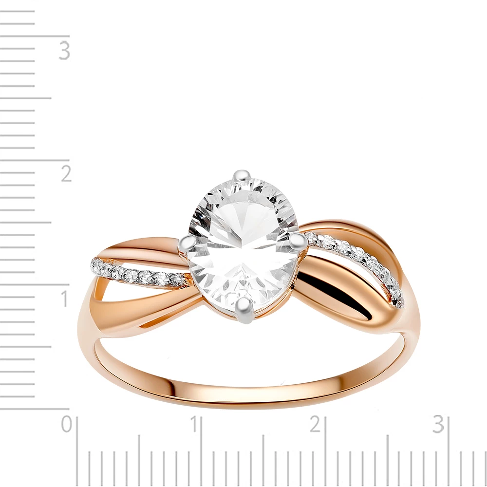 Кольцо с горным хрусталём и фианитами из красного золота 585 пробы